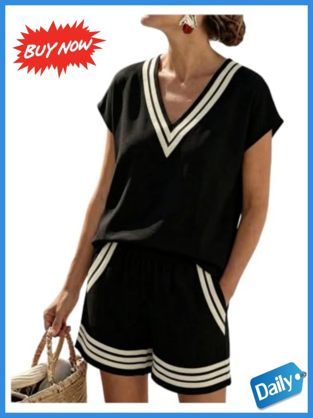 2 Piece Striped V Neck T Shirt and Mini Shorts Set Pockets Lightweight